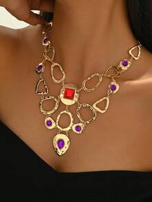 1 Stück übertriebene Farbblock geometrische Edelstein-Halskette, metallische asymmetrische Choker-Halskette, hochwertiges Abendkleid-Accessoire - Goldgelb + mehrfarbig - Übersicht 5