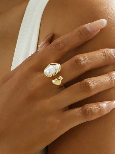 1 szt. Modny, minimalistyczny, asymetryczny pierścionek z perłą, elegancki, otwarty pierścionek w stylu vintage dla kobiet, odpowiedni na co dzień, na wakacje, randkę, na święta, prezent dla niej