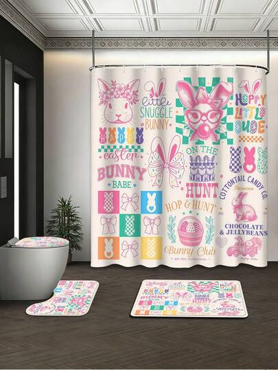 4-Piece Bathroom Shower Curtain Set 72x72 Inches, Waterproof And Mildew Resistant Thickened Fast Drying Polyester, Retro Easter Bunny Slogan Collage Print, Including Shower Pad U-Shaped Pad Toilet Lid And 12 Free Hooks, Suitable For Family Apartment Dormitories [Easter Shower Curtain]