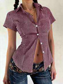 Áo sơ mi ngắn tay cổ bẻ ôm sát người bằng cotton, cài nút, kiểu dáng preppy màu tím kẻ caro, phong cách Y2K nữ tính, thích hợp cho mùa tựu trường. - Màu đỏ tím - Xem 5