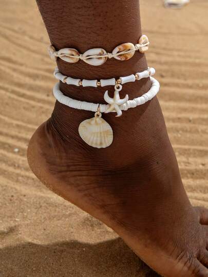 imoli 3件套时尚波西米亚风亚克力竹筒海星扇贝脚链饰品套装，适合女性夏季沙滩装