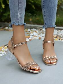 Sandalias con tacón y adornadas con diamante de imitación brillantes para adolescentes - Zapatos de fiesta con tiras doradas y transparentes - Dorado - Ver 2