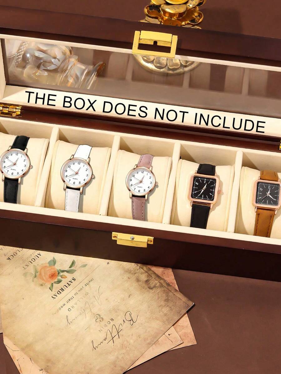 5 Stücke Set Minimalistische Retro Damen Quarzuhren, eleganter minimalistischer Stil geeignet für Frauen (Enthält: 3 Stücke Roségold Gehäuse Weiß Zifferblatt Römische Ziffern Uhren mit Schwarz/Weiß/Rosa Lederarmbändern; 2 Stücke Roségold Gehäuse Schwarz Zifferblatt Quadratische Markierung Uhren mit Schwarz/Braun Lederarmbändern) - Verschiedenfarbig - Übersicht 1