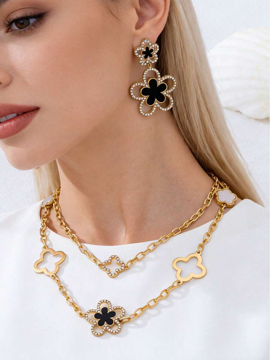 优雅时尚油滴黑色五瓣花项链耳环首饰套装，女士礼物 - 黑色 - 查看 1
