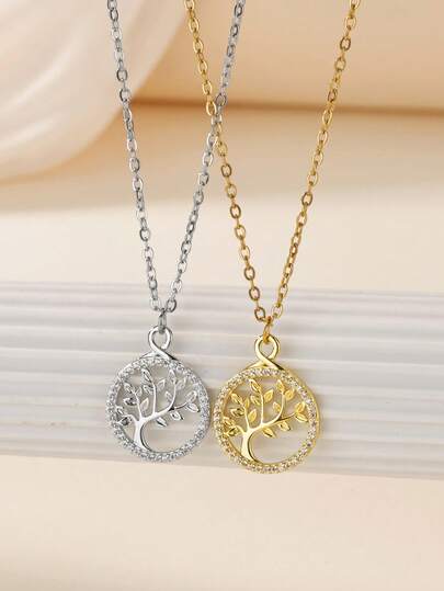 18K Gold Plated Anti-Rust Tree Of Life Cubic Zirconia Necklace, Suitable For Beach, Wedding, Vacation, 2026 New Arrival, Great Gift For Mom And Friends