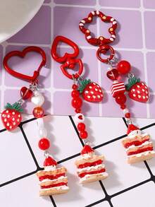 1pc Heart Beaded Keychain, Strawberry Cake Keyring, Keychain, Bag Charm - Multicolor - View 2