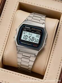 Reloj electrónico digital CASIO Classic cuadrado pequeño A158WA con correa de acero retro, reloj de pulsera multifunción con diseño de correa de acero, alarma, temporizador y reloj deportivo - Negro - View 7