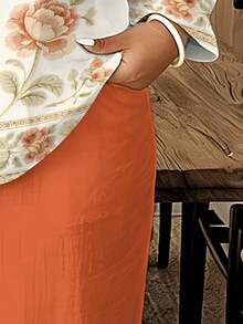 One Traditional Floral Woven Fabric Casual And Unrestrained Women's Plus-Size V-Neck Long-Sleeve Long Pants Set, Suitable For Four Seasons Shopping And Dating Outfits, Preferred For Anniversary Gifting, Warm White And Orange Tone Floral Printed Set - 彩色 - 查看 5