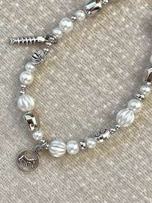 1件可爱ins风简约韩版银色小狗鱼骨挂绳手机挂件包包吊坠汽车钥匙扣，卡通合金蝴蝶结珍珠手机挂绳 - 彩色 - 查看 2