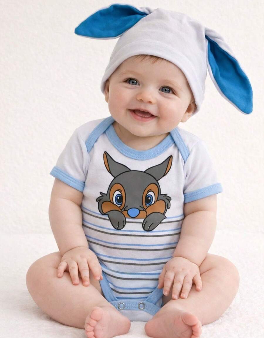 Body Bebê Menino Coelinho Touca Orelinha Conjunto Azul Fofo Páscoa Temático