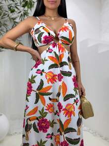 Women's Floral Long Dress, Loose Fit, Elegant, Lined, Printed - 橙色印記 - 查看 2