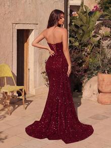 ADYCE Đầm maxi nữ đính sequin cổ tim, kiểu quây ngực, phối lưới, cạp cao, xẻ tà, thích hợp cho dạ hội, tiệc tùng, tiệc tối trang trọng, năm mới và các dịp khác như đám cưới, mùa xuân. - Màu Đỏ Sâu - Xem 2