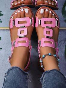 Women's Rivet Hollow-Out Comfortable Flat Sandals, Gladiator Sandals, Summer, Solid Color Bohemian PU Leather Rivet Buckle Flat Sandals For Beach - Pink - View 2