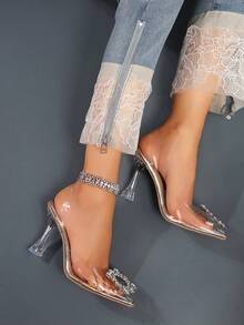 Sandalias de tacón alto de verano para mujer, con punta cuadrada metálica, decoradas con brillantes y banda transparente de PVC en el clip del dedo del pie - Dorado - Ver 5