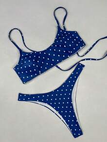优雅性感蓝白波点比基尼套装，交叉露背设计，女士新款休闲春夏沙滩、泳池派对、生日、毕业典礼时尚泳装度假装 - 彩色 - 查看 3