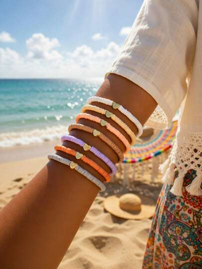 7pcs Bohemian Ombre Polymer Clay Beaded Heart Pendant Bracelet Set, Suitable For Beach, Daily, Casual, Party Wear, Gift For Family, Friends, Birthday, Holiday