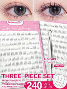 Waloshow 2 Boxes Eyelash Extension Kit With Professional Tweezers, Variety Of Styles Available - 80-200pcs Cat-Eye Lower Lashes, Natural Wispy Clusters, Transparent Stem Faux Lashes For Beginners & Cartoon Fans - B - View 3