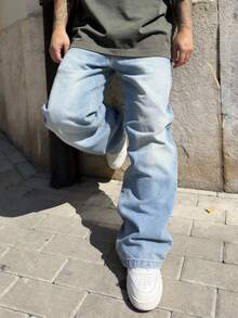 Men's Loose Straight Leg Faded Washed Denim Jeans, Casual Street Style, Suitable For All Seasons - Light Wash - View 3