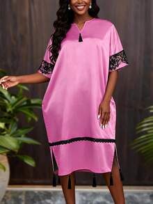 African Pink Satin V-Neck Loose Tassel Lace Fitted Dress, Shiny Church Formal Occasion Dress - Pink - View 4