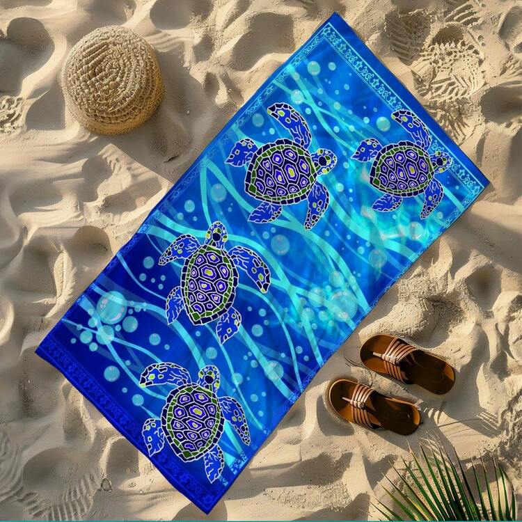 1条海龟波浪图案复古沙滩巾，超柔软超细纤维特大号沙滩毯，超强吸水浴巾，适合旅行、游泳池、潜水、冲浪、瑜伽、露营，多种尺寸可选，沙滩必备单品 - 海龜-1 - 查看 33