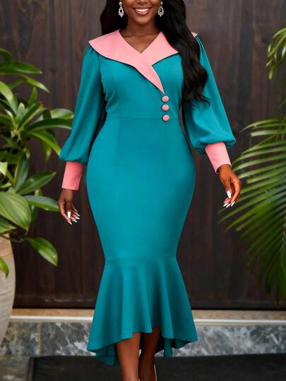 Women's Fashion Color Block Fitted Mermaid Midi Dress, With Buttoned Puff Sleeves, High-Low Hem, Suitable For Wedding Guest, Cocktail Party