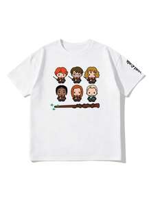 SHEIN X Harry Potter Casual Cartoon Print Short Sleeve T-Shirt, Summer - White - View 4