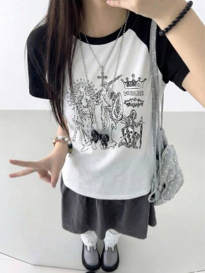 2026 Summer New Casual Loose Round Neck Contrast Color Splice Raglan Sleeve T-Shirt, American Soldier Graphic Print, Street Fashion Collegiate Style Women Top