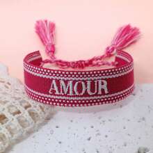1条手工刺绣法式“AMOUR”创意编织复古风格手链，适合情侣佩戴，节日礼物 - 玫紅色 - 查看 5