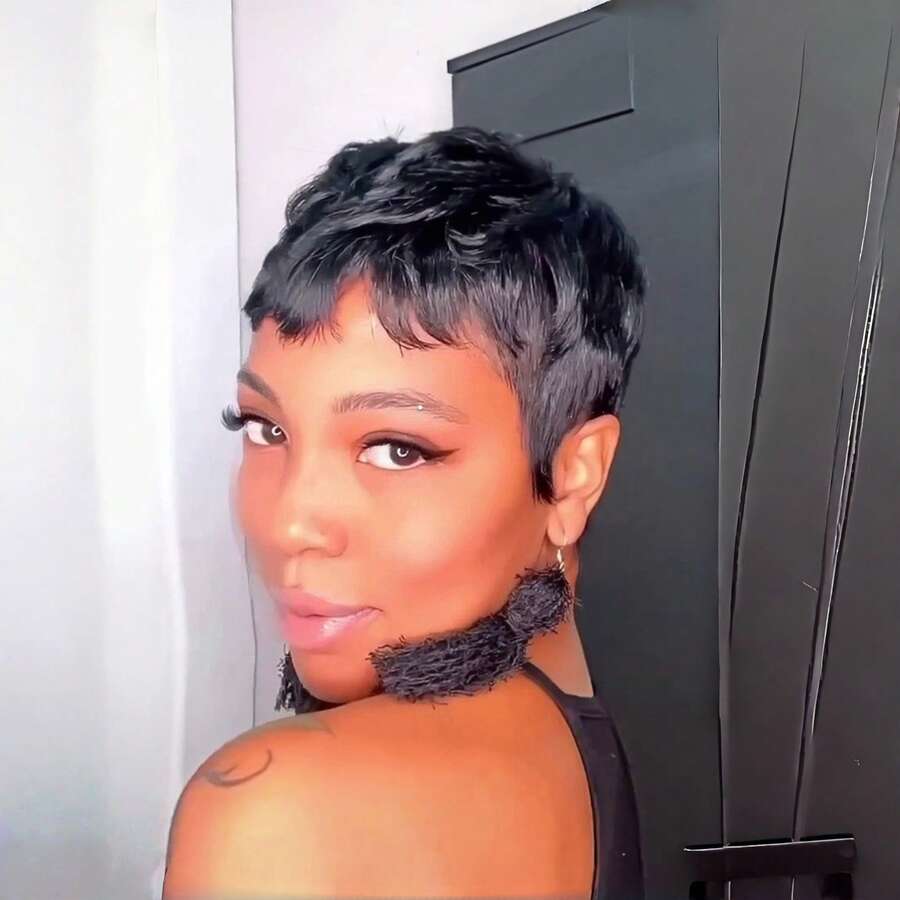 Short Pixie Cut Wig For Women Human Hair 1B Black Short Wig For Layered Pixie Wigs With Bangs Real Human Hair Glueless Wig None Lace Front Full Machine Made Layered Wig Straight Human Hair Throw On And Go Wig For Love Gift, Daily Use