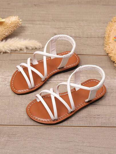 1 Pair Plus Size White Fashion Sandals For Toddler Girls, Elastic Strap Peep Toe Flat Casual Shoes Suitable For 3-16 Years Old, Spring/Summer 2026 New Arrival, Run Small By Half Size