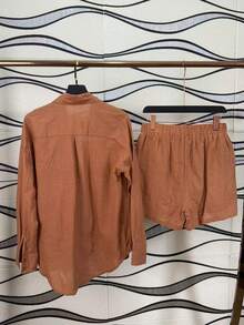 Two-Piece Linen Shirt And Shorts Set, Lined With Elastic. Summer Vacation: Perfect For Celebrating Christmas, New Year's Eve And New Year In Brazil! - Màu Cam cháy - Xem 4