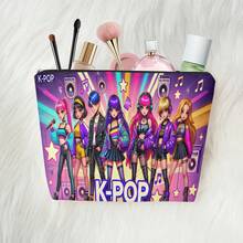 1个K-Pop组合主题化妆包兼旅行收纳包，双面亚麻材质，印有K-Pop标志和韩国流行文化图案。可折叠轻便男女通用手提包，可用作文化周边袋、铅笔盒或K-Pop粉丝礼物。 - 彩色 - 查看 5