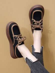 Mocasines con plataforma para mujer, suela gruesa, estilo británico, para primavera/otoño - Negro - Ver 2