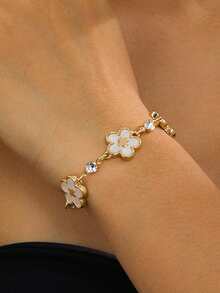 1 pieza Pulsera clásica y retro de verano, nueva y versátil, con incrustaciones de trébol blanco dulce para mujeres - Blanco - Ver 5