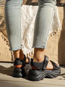 FRIFUL Sandalias deportivas de plataforma y cuña de verano para mujer, con correa de gancho y bucle, unicolor, cómodas para estudiantes - Negro - Ver 5
