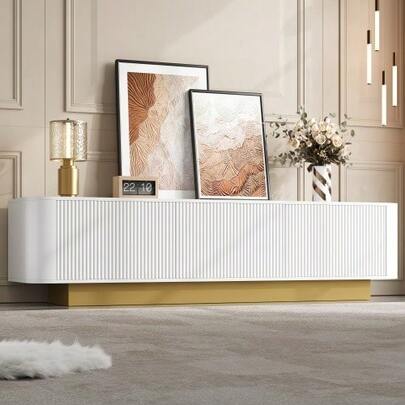 Modern TV Stand With Storage Space – Rounded Design, Cable Management, Textured Front – Media Console For Living Room