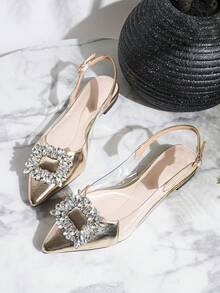 2026新款性感尖头单带金色凉鞋，法式低帮水钻平底鞋，春季必备 - 金色 - 查看 3