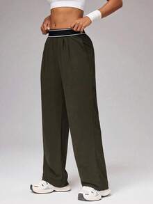 Women's Loose Fit Wide Leg Track Pants, Solid Color High Waist Athletic Pants With Contrast Waistband, Casual Outdoor & Loungewear Bottoms, Minimalist Stylish Activewear For Teens, Juniors & Adults, Ideal For Spring & Summer - 卡其色 - 查看 3