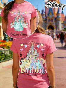 Disney Authorized Women's Casual Short Sleeve T-Shirt, Birthday Princess Themed, Double-Sided Print, Front With  & Castle (Custom Name), Back With Princess Collage, Breathable, Perfect For Birthday Outfits - Rose bonbon - Voir 2