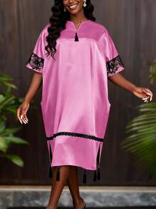 African Pink Satin V-Neck Loose Tassel Lace Fitted Dress, Shiny Church Formal Occasion Dress - Pink - View 2