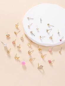 30 Pairs Women's Delicate Metal Tree, Shell, Pearl, Heart Shaped Earrings Gift Set - Multicolor - View 3