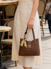 1pc PU Shoulder Tote Bag With Silk Scarf Decor, Large Capacity, Lightweight Multi-Purpose, Suitable For Commuting To Work - Coffee Brown - View 5