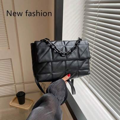 轻便商务休闲迷你几何压纹链条装饰翻盖方包，适合青少年女孩、女性、大学生、职场新人及白领人士，完美适用于办公室、大学、工作、商务、通勤、户外活动。