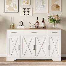 55" Buffet Sideboard  Cabinet With Drawers&Doors,Farmhouse Kitchen Storage Cabinet Wood Coffee Bar Cabinet With Shelves For Kitchen, Dining Room, Entryway - Trắng & Sồi - Xem 6