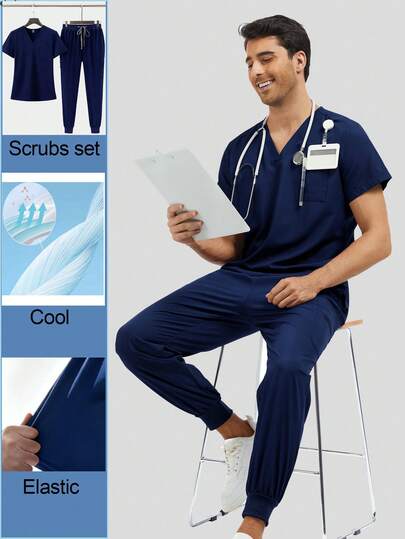 Conjunto de uniforme de trabajo elástico de cuello en V para hombres, que incluye pantalones con puños y bolsillos elásticos, ropa de trabajo para médicos