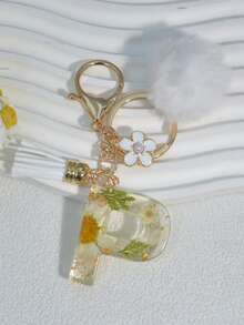 1pc White Daisy Dried Flower Letter Keychain, Embossed Tassel Pom Pom White Pearl Flower Keyring Gift - White - View 16