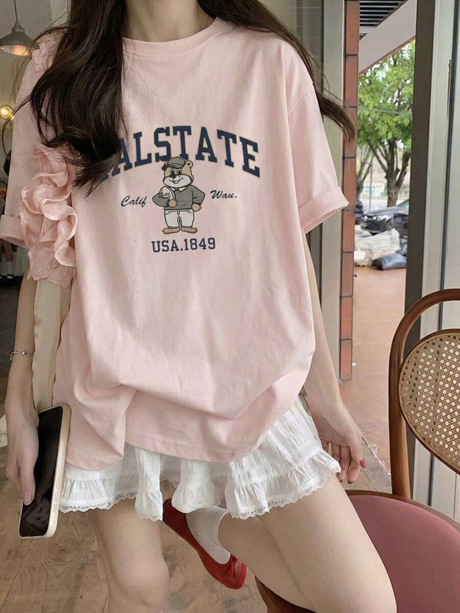 Áo thun nữ mùa hè dáng rộng in chữ và hoạt hình, cổ tròn, tay ngắn, màu hồng - Hồng - Xem 1