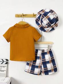 3pcs Boys' Summer Set: Yellow Collar Shirt + Yellow & Blue Plaid Shorts + Matching Sun Hat, Casual Stylish Kids Outfit - Brown - View 7