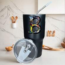 30oz Stainless Steel Tumbler Black White Options,  Colorful Cartoon Characters In Letter B Graphic Cups, Insulated Travel Coffee Mug With Lid And Straw , Double Wall Vacuum Reusable Travel Cups, Funny Birthday Party Gift For Women & Men - 黑色 - 查看 1