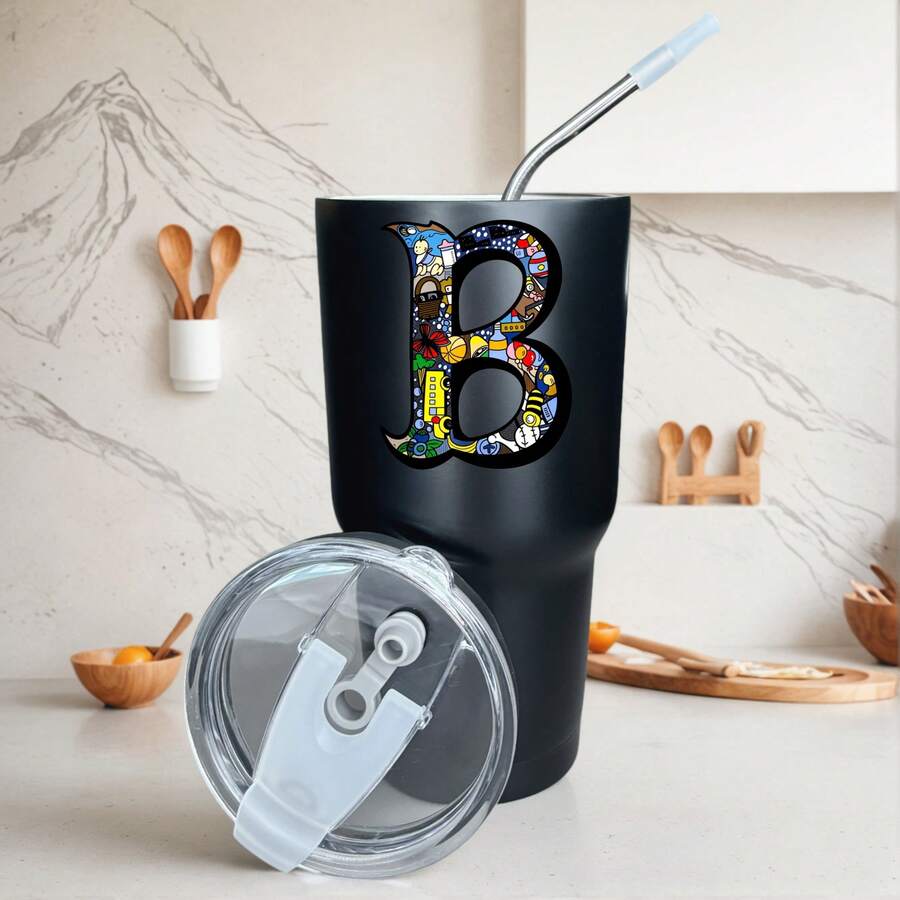 30oz Stainless Steel Tumbler Black White Options, Colorful Cartoon Characters In Letter B Graphic Cups, Insulated Travel Coffee Mug With Lid And Straw , Double Wall Vacuum Reusable Travel Cups, Funny Birthday Party Gift For Women & Men - 黑色 - 查看 1